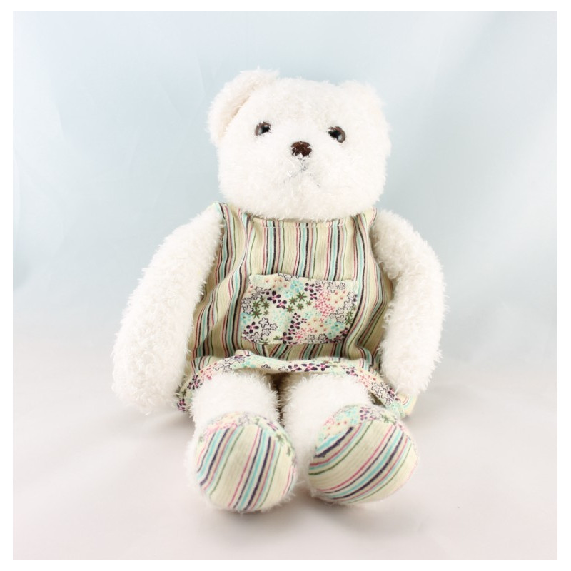 Doudou ours blanc robe rayé fleurs OBAIBI 