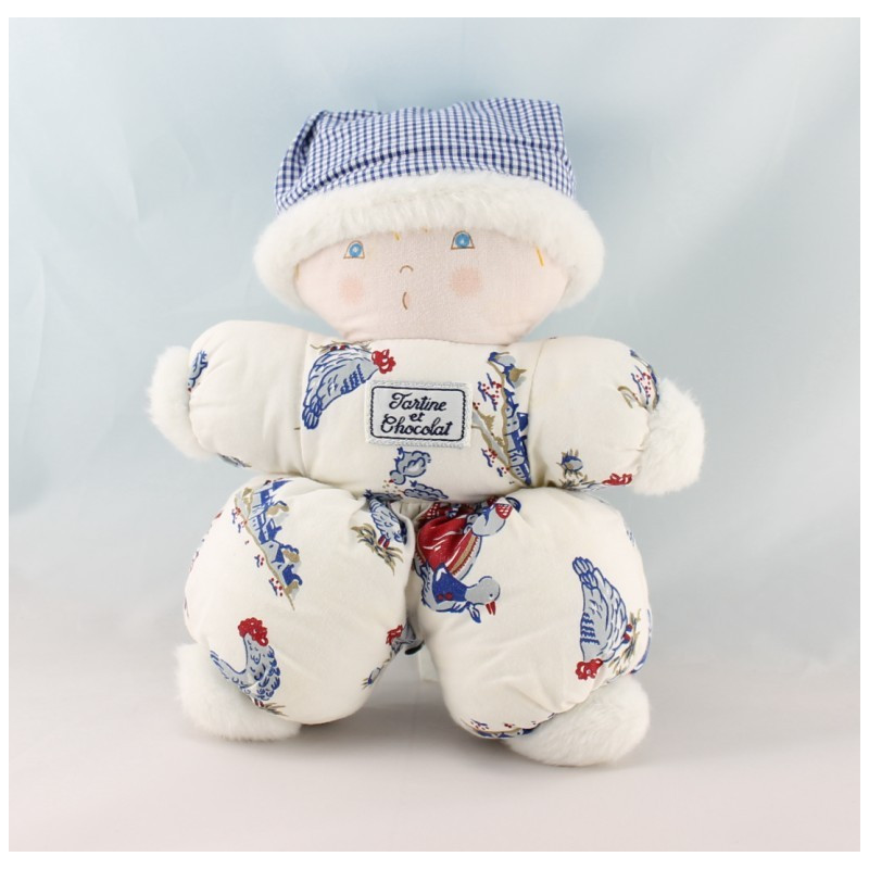 Doudou lapin blanc vichy bleu poule TARTINE ET CHOCOLAT