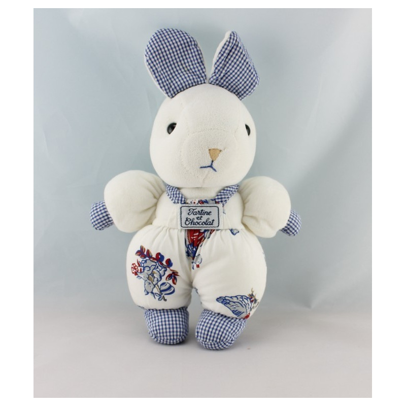 Doudou lapin blanc vichy bleu poule TARTINE ET CHOCOLAT