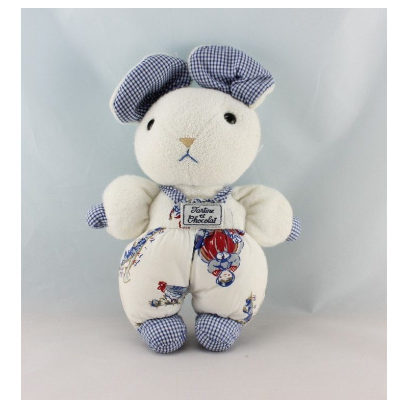 Doudou lapin blanc vichy bleu poule TARTINE ET CHOCOLAT
