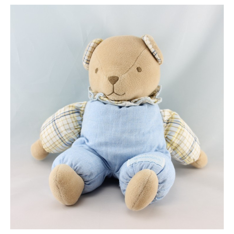 Doudou ours beige pyjama marron bleu carreaux NOUNOURS