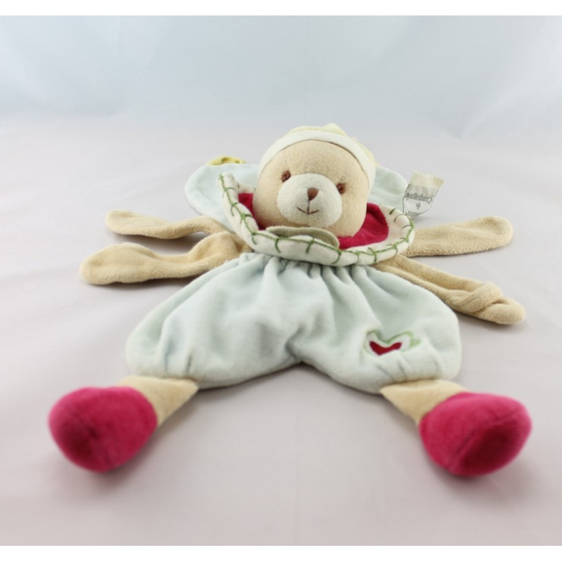 Doudou et compagnie plat fleur bleu rose vert ours coeur brodé 