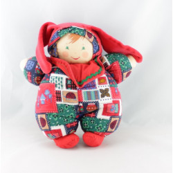 Doudou poupée chiffon rose carreaux robe fleurs couettes COROLLE