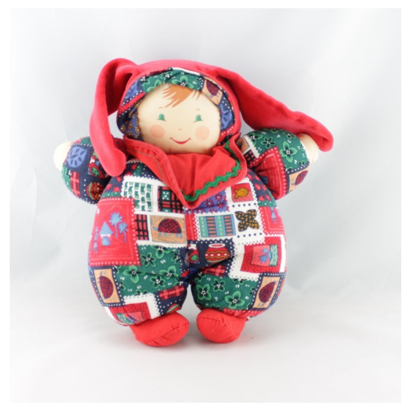 Doudou poupée chiffon rose carreaux robe fleurs couettes COROLLE