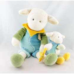 Doudou et compagnie Simon mouton bleu vert col jaune avec bébé 