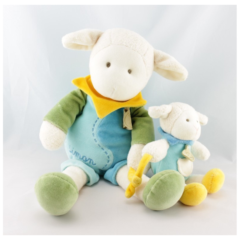 Doudou et compagnie Simon mouton bleu vert col jaune avec bébé 