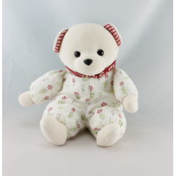 Doudou ours bleu col vichy rouge fleurs AJENA