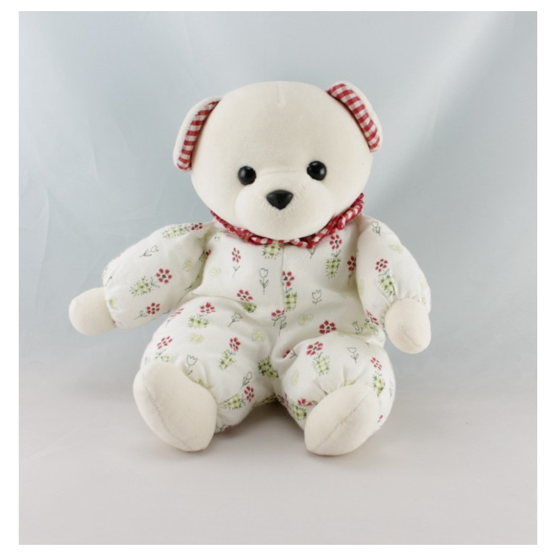 Doudou ours bleu col vichy rouge fleurs AJENA