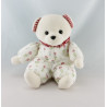 Doudou ours bleu col vichy rouge fleurs AJENA