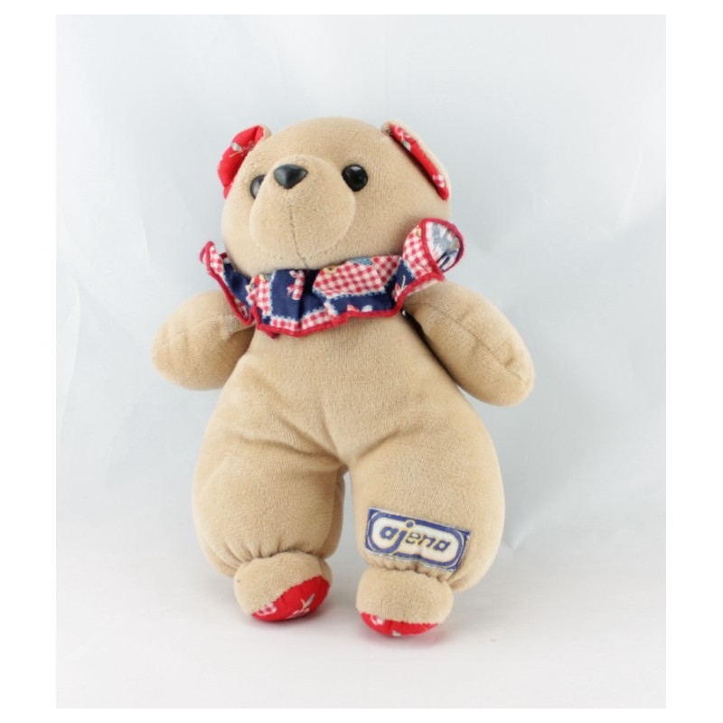 Doudou ours bleu col vichy fleurs AJENA