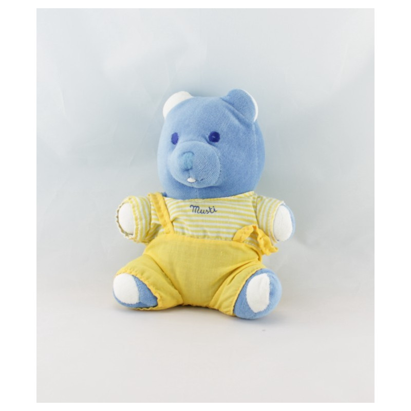 Doudou marionnette ours bleu jaune Musti MUSTELA