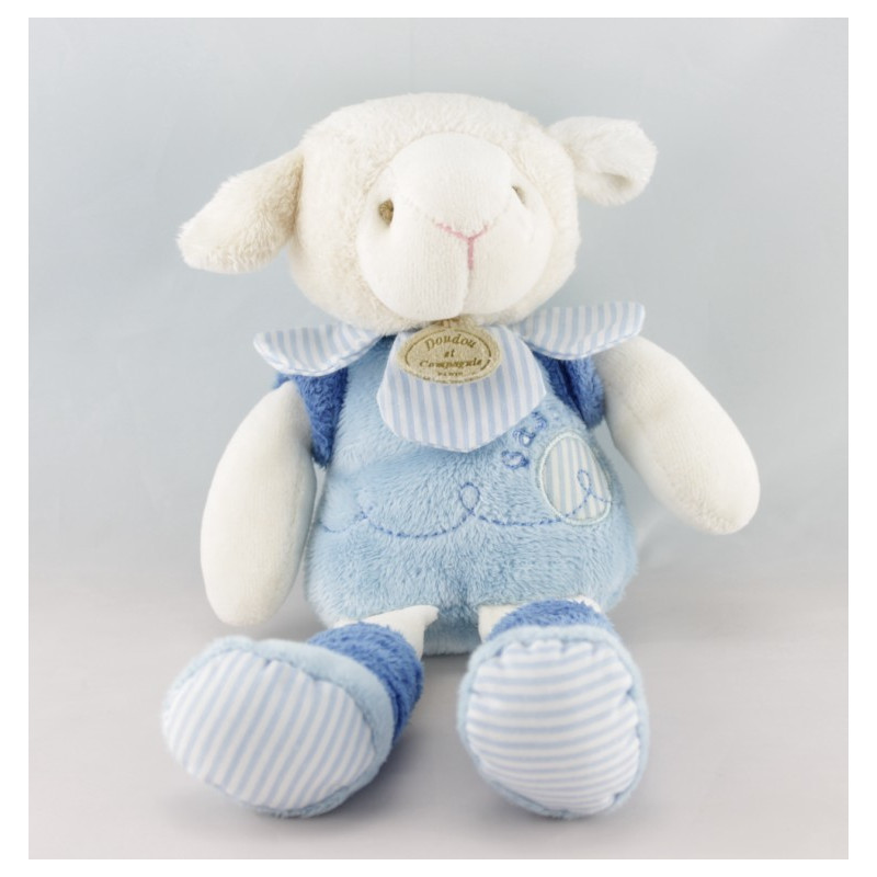 Doudou et compagnie marionnette mouton Gaston bleu avec fleur