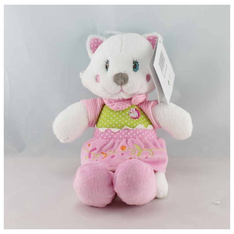 Doudou plat chat blanc rose vert pois fleurs NICOTOY