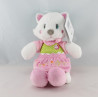 Doudou plat chat blanc rose vert pois fleurs NICOTOY