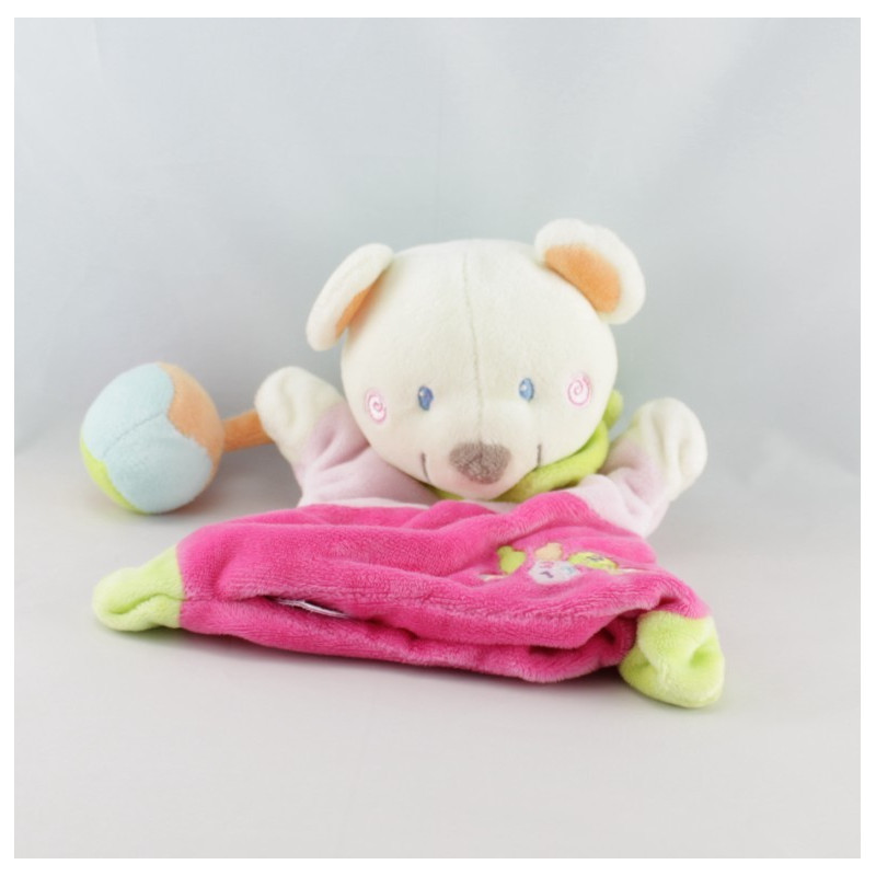 Doudou semi plat ours rose vert quilles POMMETTE