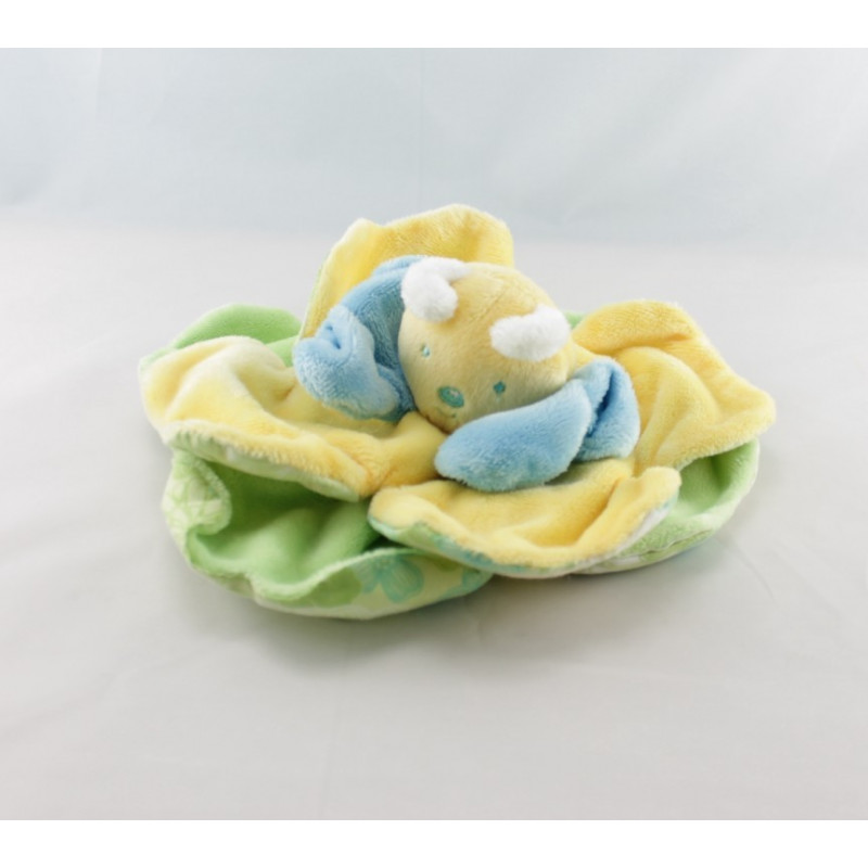 Doudou plat hochet lapin blanc bleu KIMBALOO