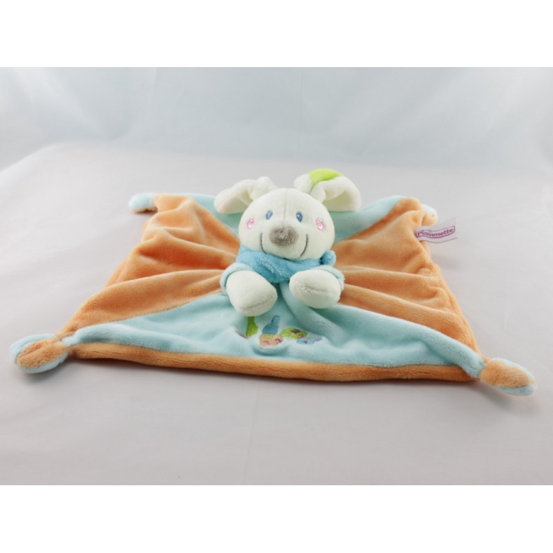 Doudou plat carré lapin bleu vert coeur POMMETTE