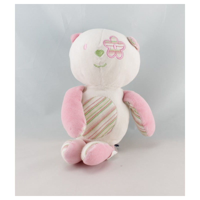 Doudou Chat rose rayé vert fleur SUCRE D'ORGE