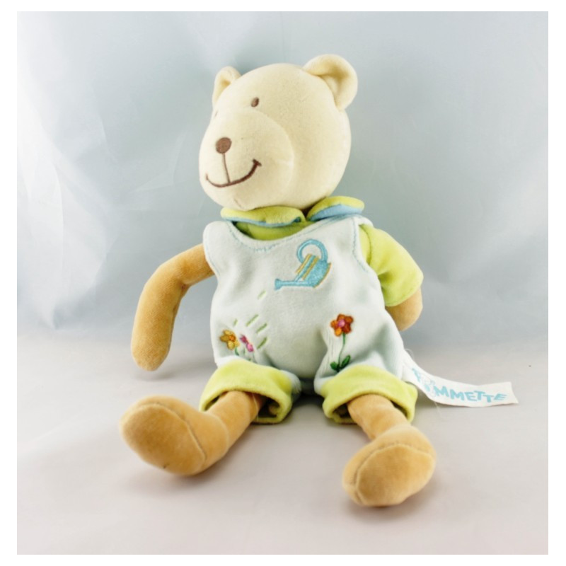 Doudou ours robe bleu vert arrosoir MOTS D'ENFANTS