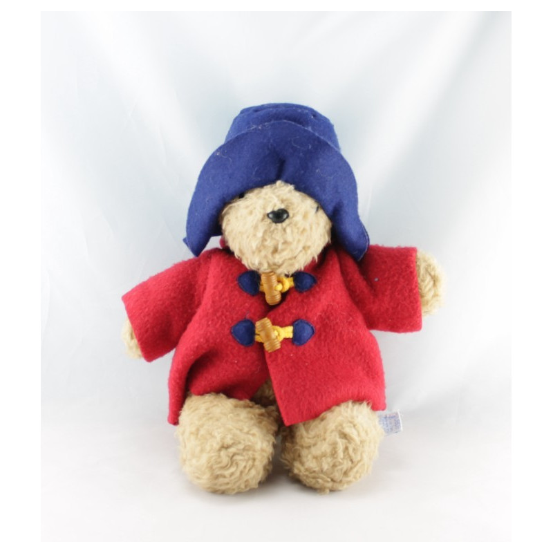 Peluche ours Paddington Bear manteau bleu chapeau rouge 