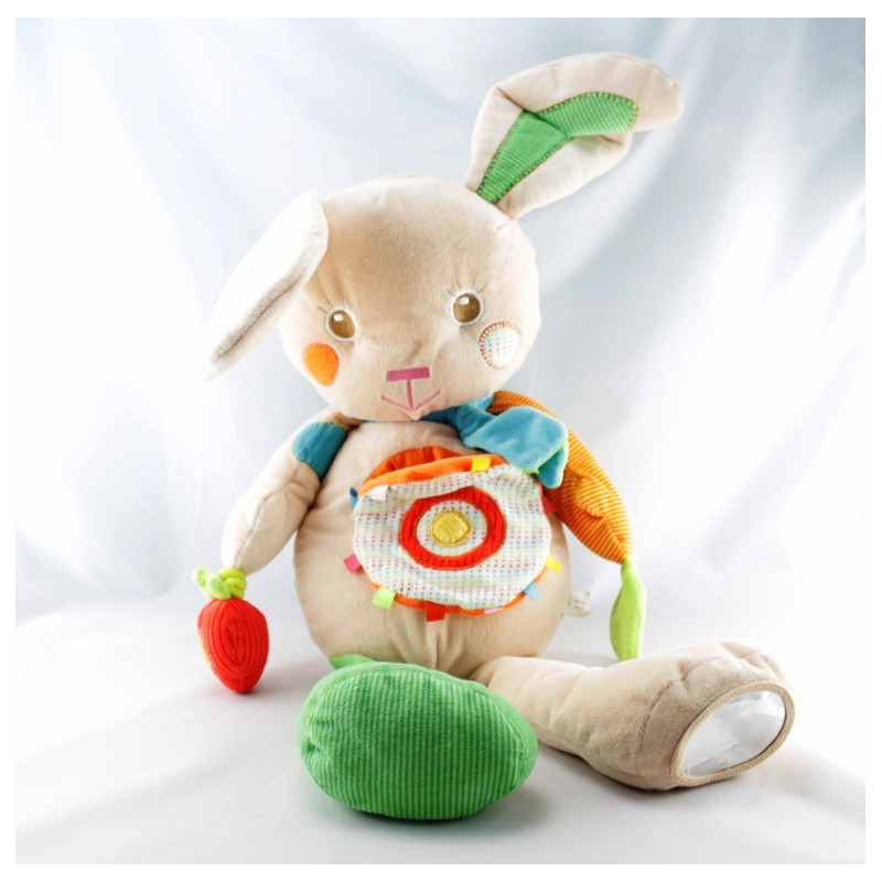 Doudou lapin beige vert orange jaune coeur BABY AUCHAN NEUF