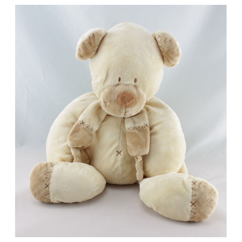 Doudou ours écru beige avec écharpe NICOTOY 25 cm