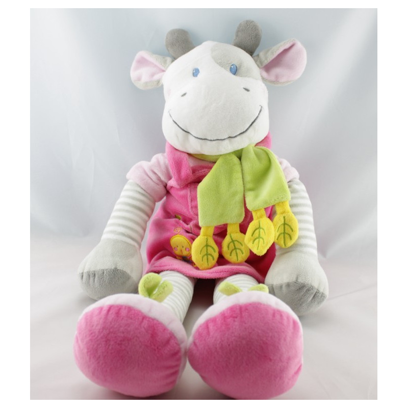Doudou vache robe rose gris rayé foulard vert poussin NICOTOY