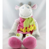 Doudou vache robe rose gris rayé foulard vert poussin NICOTOY