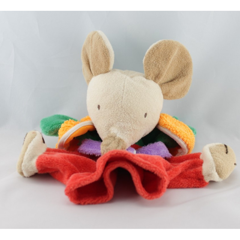 Doudou plat marionnette souris vert orange jaune NOUNOURS