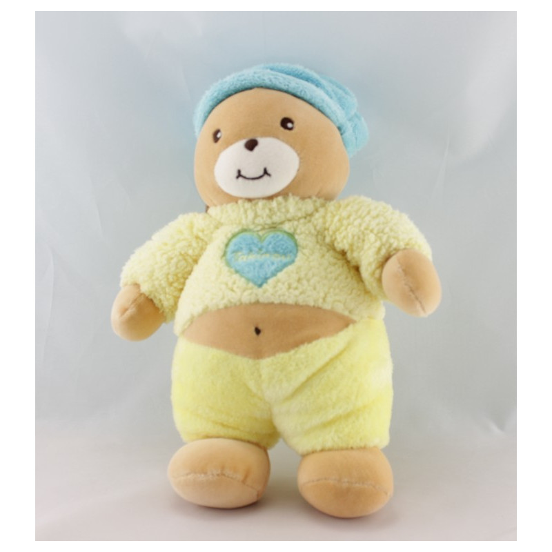 Doudou plat marionnette jaune ours coeur Takinou