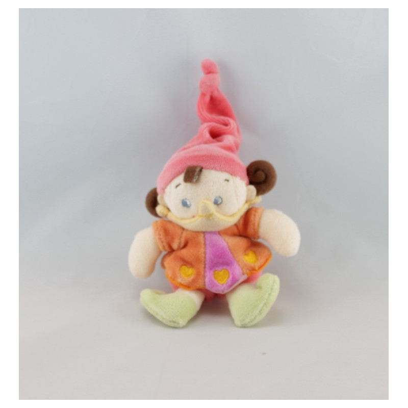 Doudou lutin fille arlequin rose orange NICOTOY 16 cm 