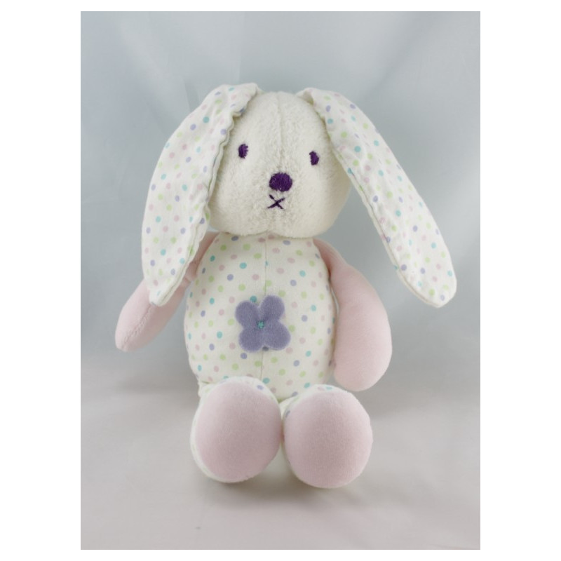 Doudou lapin blanc rose à pois fleur OBAIBI