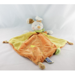Doudou plat lapin orange jaune foulard vert MOTS D'ENFANTS