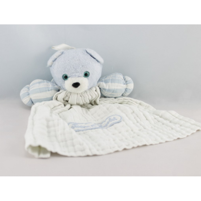 Doudou plat ours blanc rayé bleu TARTINE ET CHOCOLAT