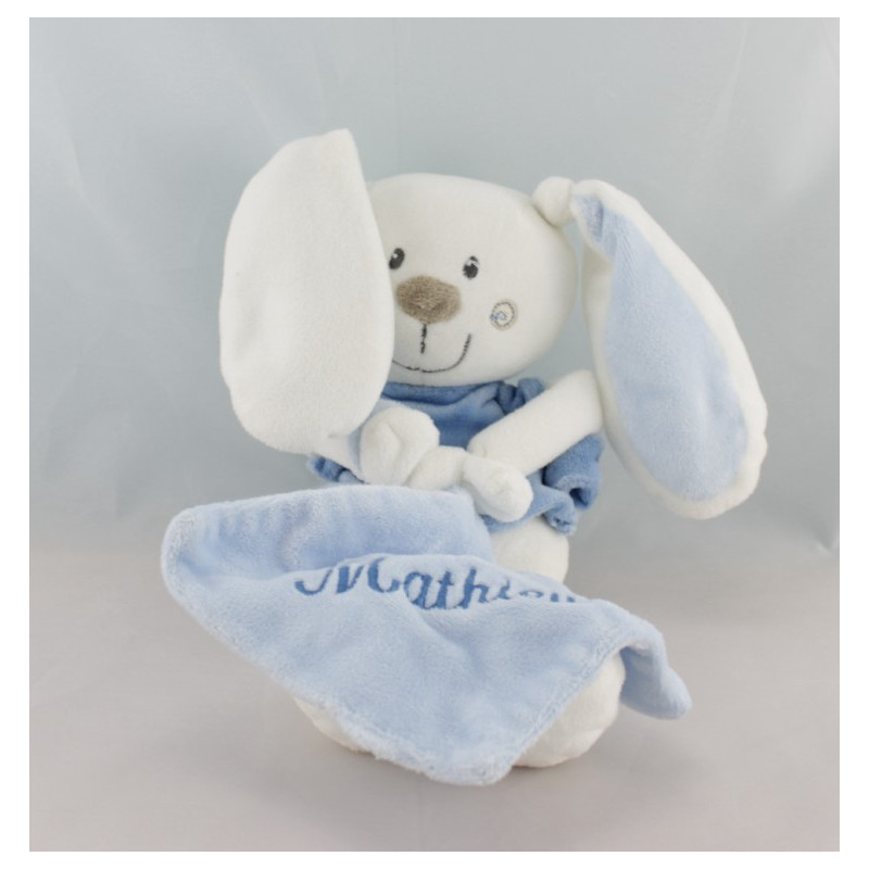 Doudou lapin blanc bleu avec mouchoir PLUSHIES COLLECTION