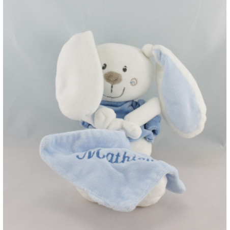 Doudou lapin blanc bleu avec mouchoir PLUSHIES COLLECTION