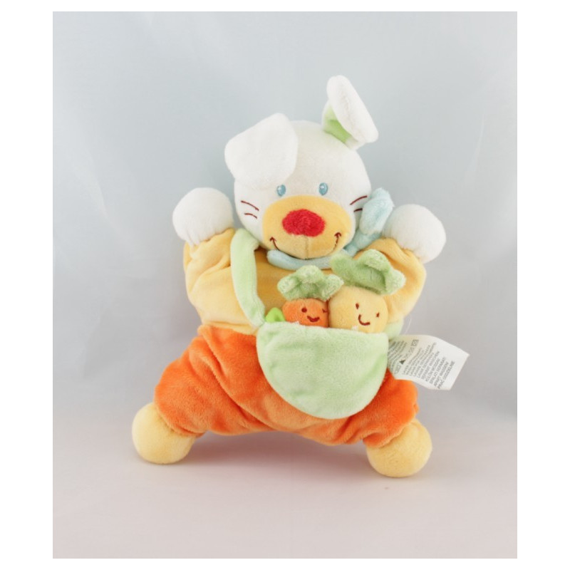 Doudou semi plat lapin bleu vert sac carottes NICOTOY