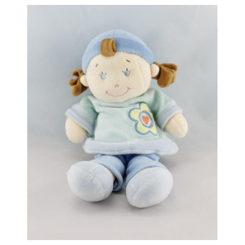 Doudou poupée fille jaune orange fleurs nattes KIABI NICOTOY