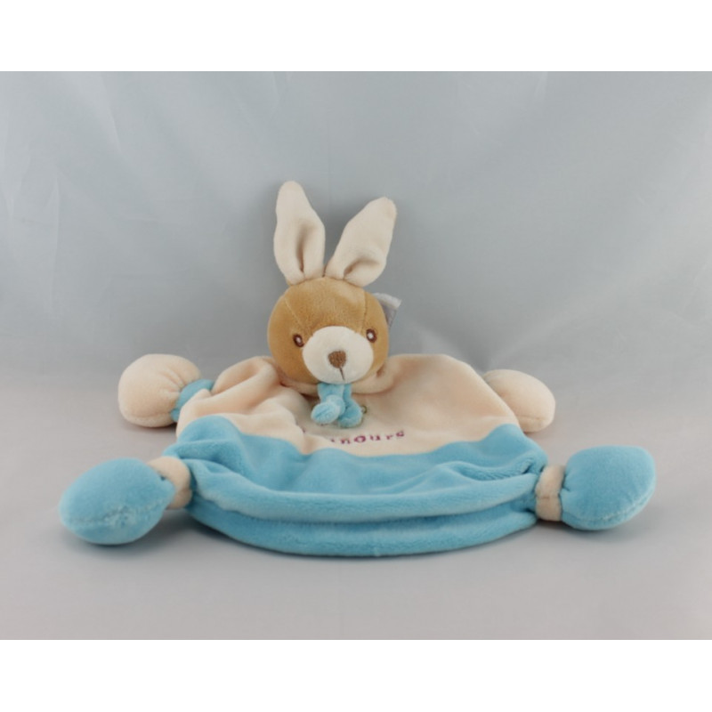 Doudou semi plat lapin beige bleu NOUNOURS