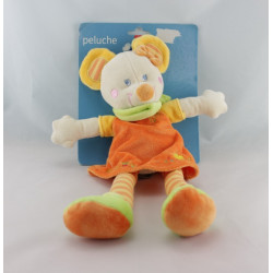 Doudou souris robe orange foulard vert MOTS D'ENFANTS