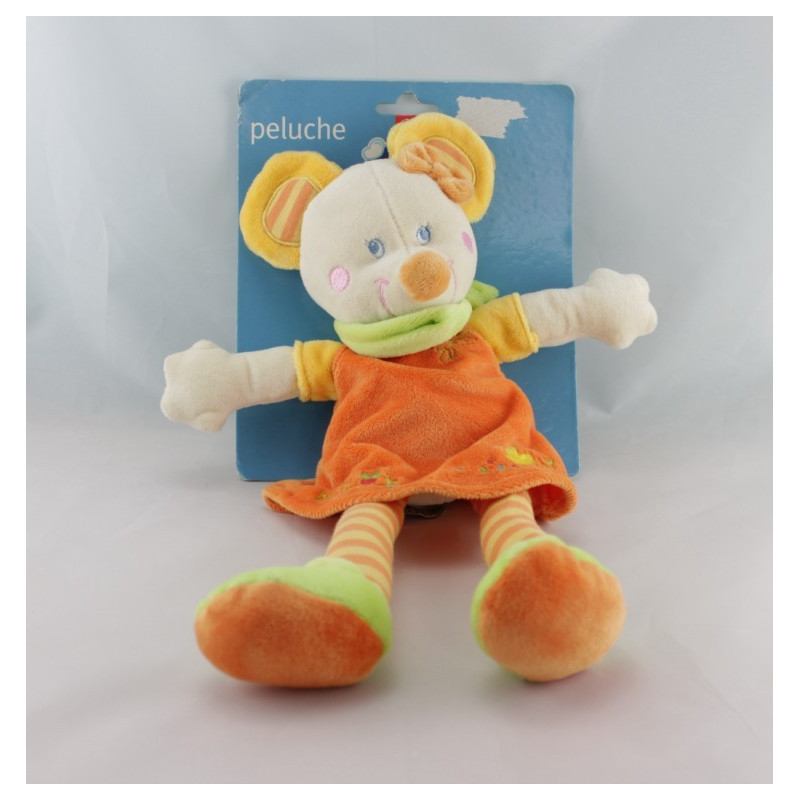 Doudou souris robe orange foulard vert MOTS D'ENFANTS