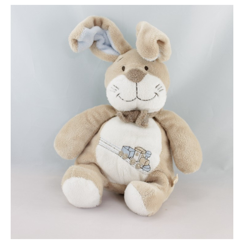 Doudou lapin beige bleu train Oscar NOUKIE'S