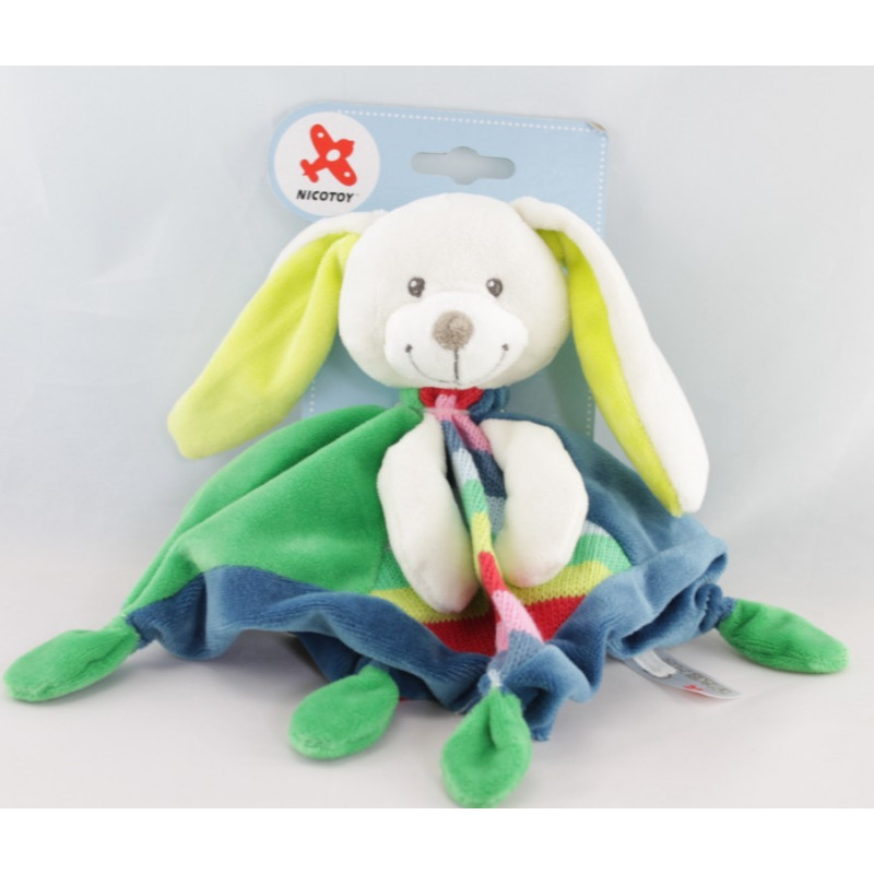 Doudou plat lapin bleu fleurs brodées NICOTOY