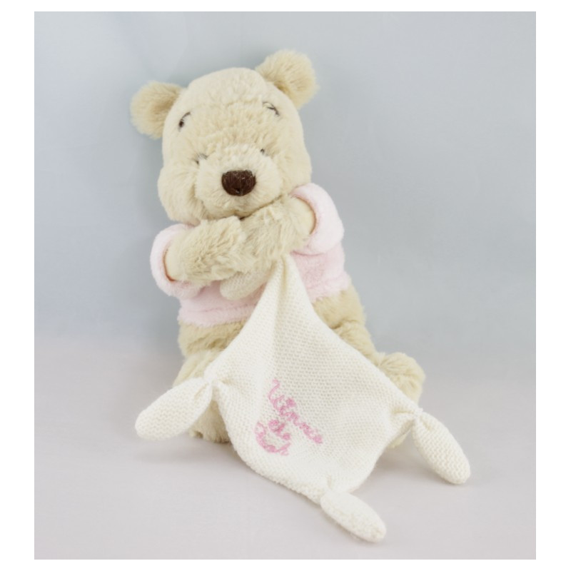 Doudou Winnie l'Ourson rose avec mouchoir blanc Disney 