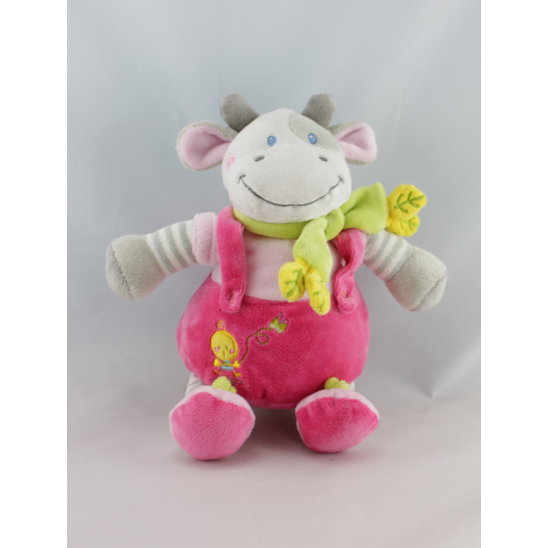 Doudou vache rose gris rayé foulard vert poussin NICOTOY