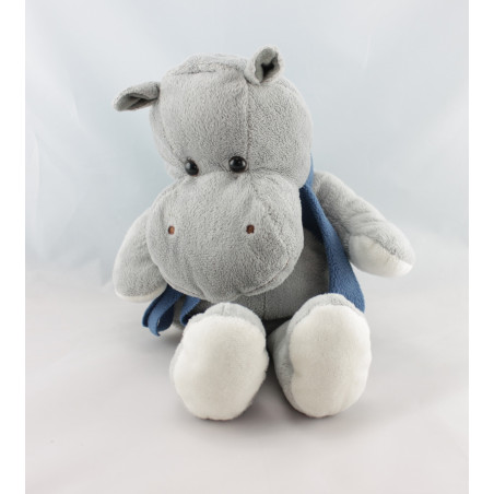 Doudou marionnette hippopotame gris écharpe bleu BAMBIA