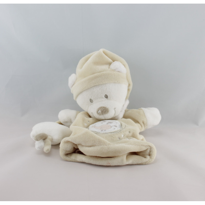 Doudou plat marionnette ours blanc écru oiseau étoile NICOTOY 