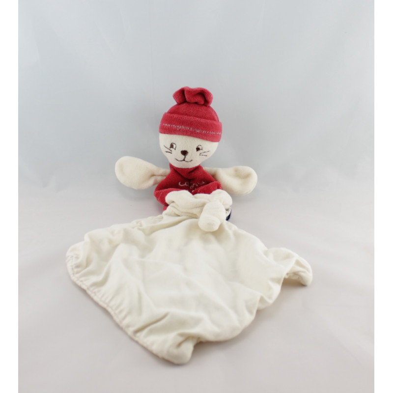 Doudou chat rouge blanc mouchoir Cajou SUCRE D'ORGE