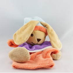 Doudou plat marionnette lapin orange violet bleu NOUNOURS