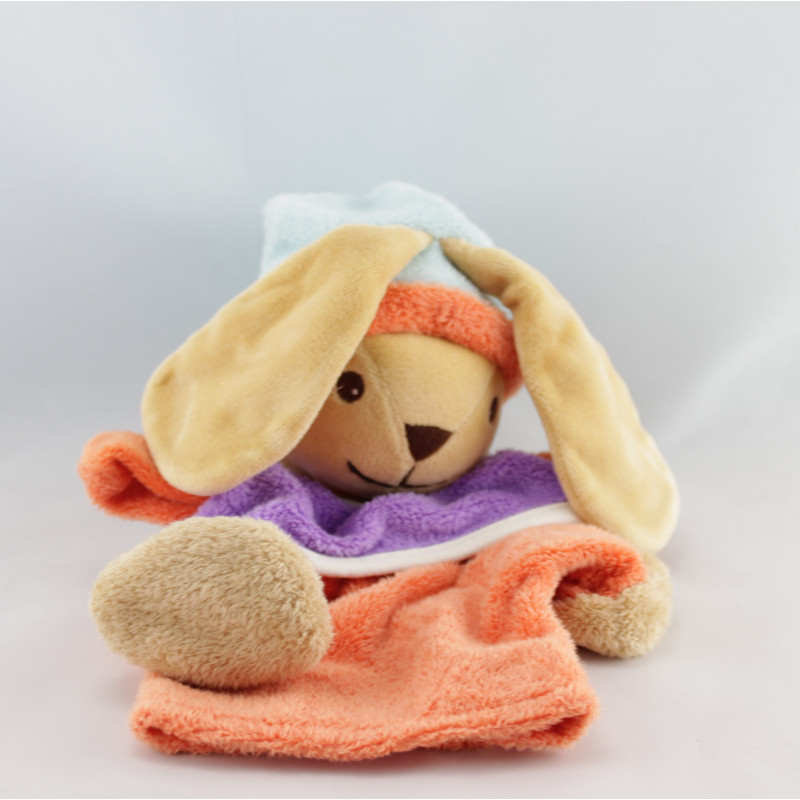 Doudou plat marionnette lapin orange violet bleu NOUNOURS